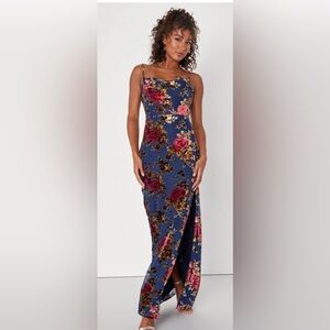 Lulus Chic Romantic Navy Blue Burnout Velvet Floral Cowl Neck Dress size XL